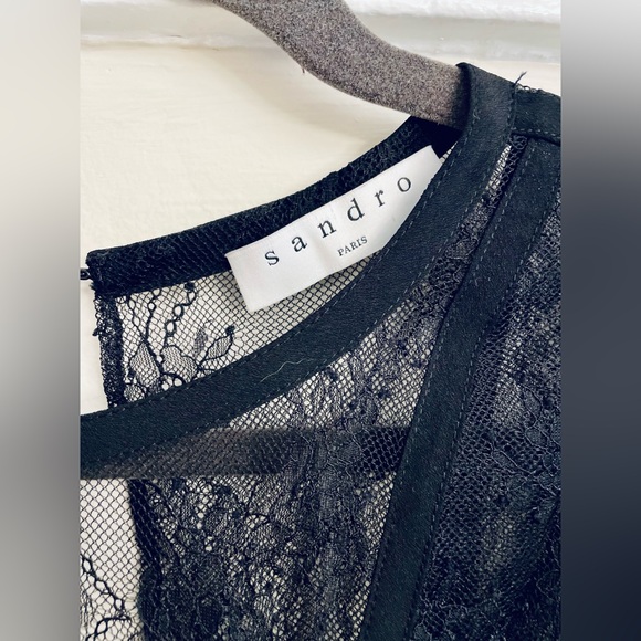 New! Sandro Davin Elegant Mini Black Satin Lace Dress Holiday Party T2/Medium - Picture 8 of 14